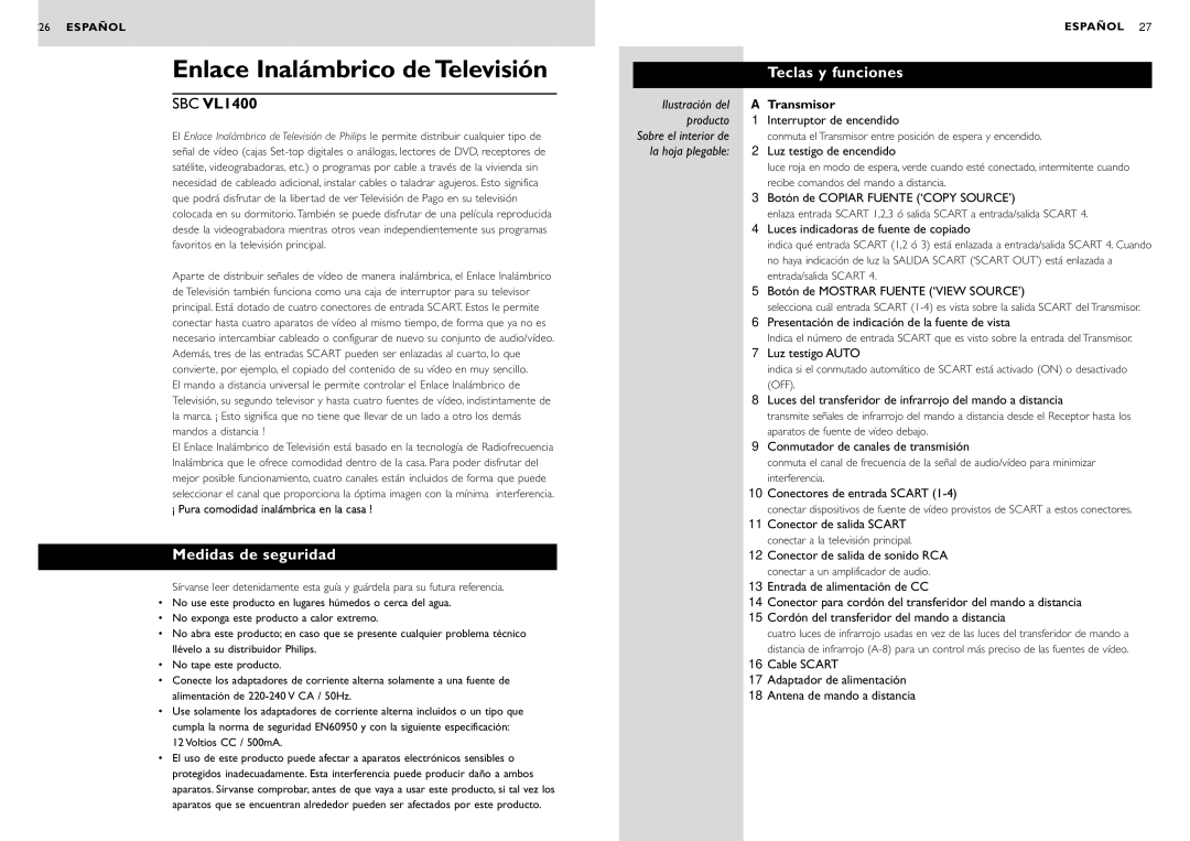 Philips SBC VL1400 Enlace Inalámbrico de Televisión, Medidas de seguridad, Conectores de entrada Scart, Voltios CC / 500mA 