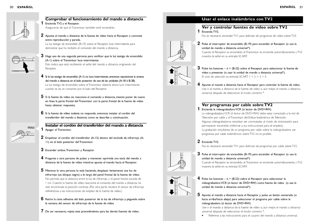 Philips SBC VL1400 manual Comprobar el funcionamiento del mando a distancia, Usar el enlace inalámbrico con TV2 