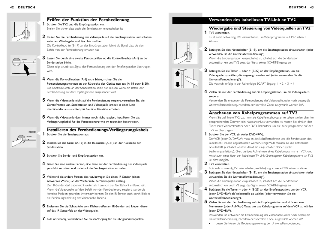 Philips SBC VL1400 manual Prüfen der Funktion der Fernbedienung, Verwenden des kabellosen TV-Link an TV2 