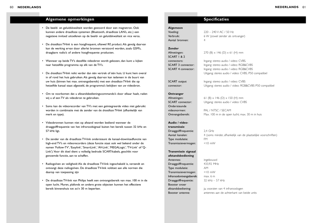 Philips SBC VL1400 manual Algemene opmerkingen Specificaties 