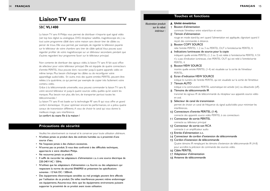 Philips SBC VL1400 manual Liaison TV sans fil, Touches et fonctions, Précautions de sécurité 