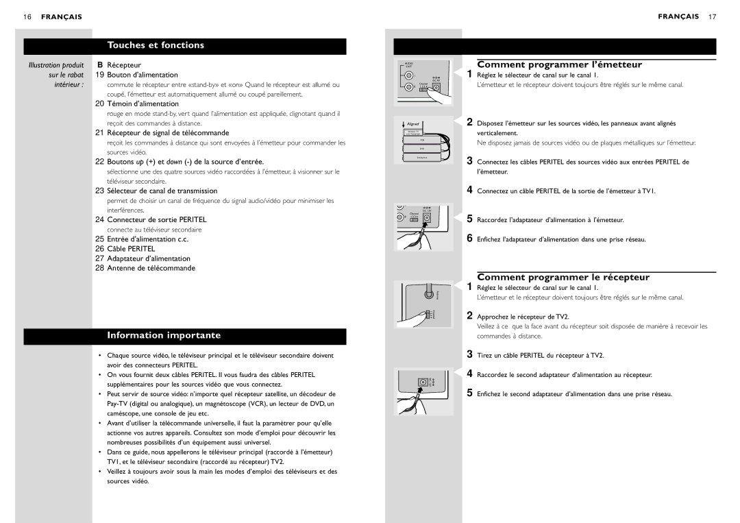 Philips SBC VL1400 manual Information importante, Comment programmer l’émetteur, Comment programmer le récepteur 