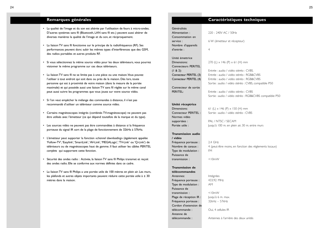 Philips SBC VL1400 manual Remarques générales, Caractéristiques techniques, Unité réceptrice, Transmission audio Vidéo 