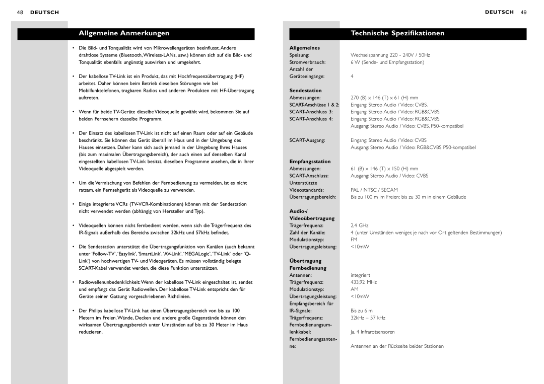 Philips SBC VL1400 manual Allgemeine Anmerkungen, Technische Spezifikationen 