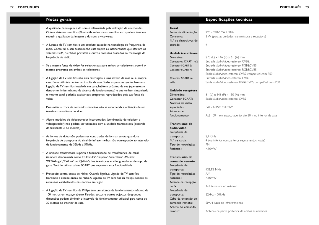 Philips SBC VL1400 manual Notas gerais Especificações técnicas 