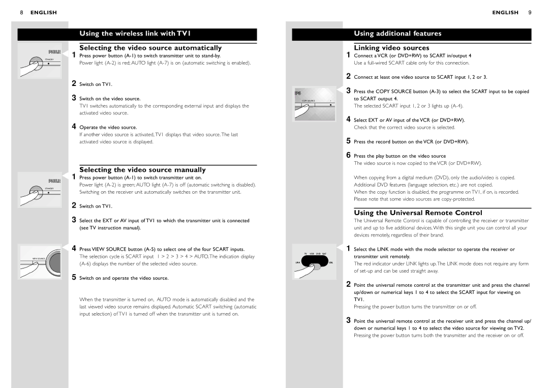 Philips SBC VL1400 manual Using the wireless link with TV1, Using additional features 