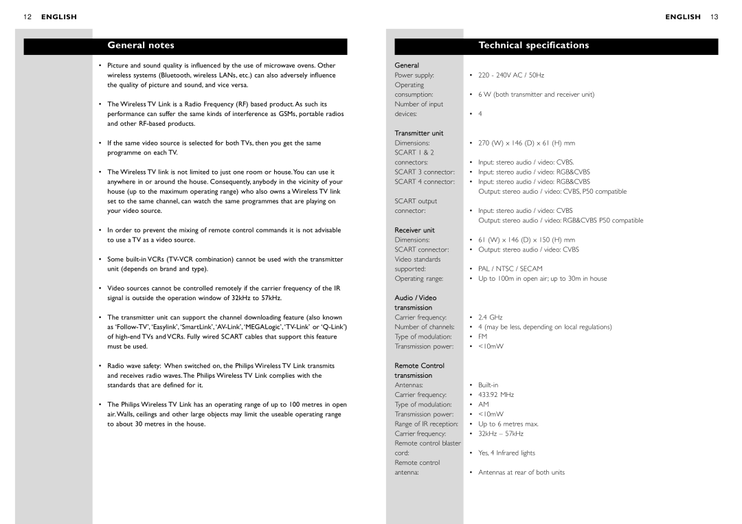 Philips SBC VL1400 manual General notes, Technical specifications 