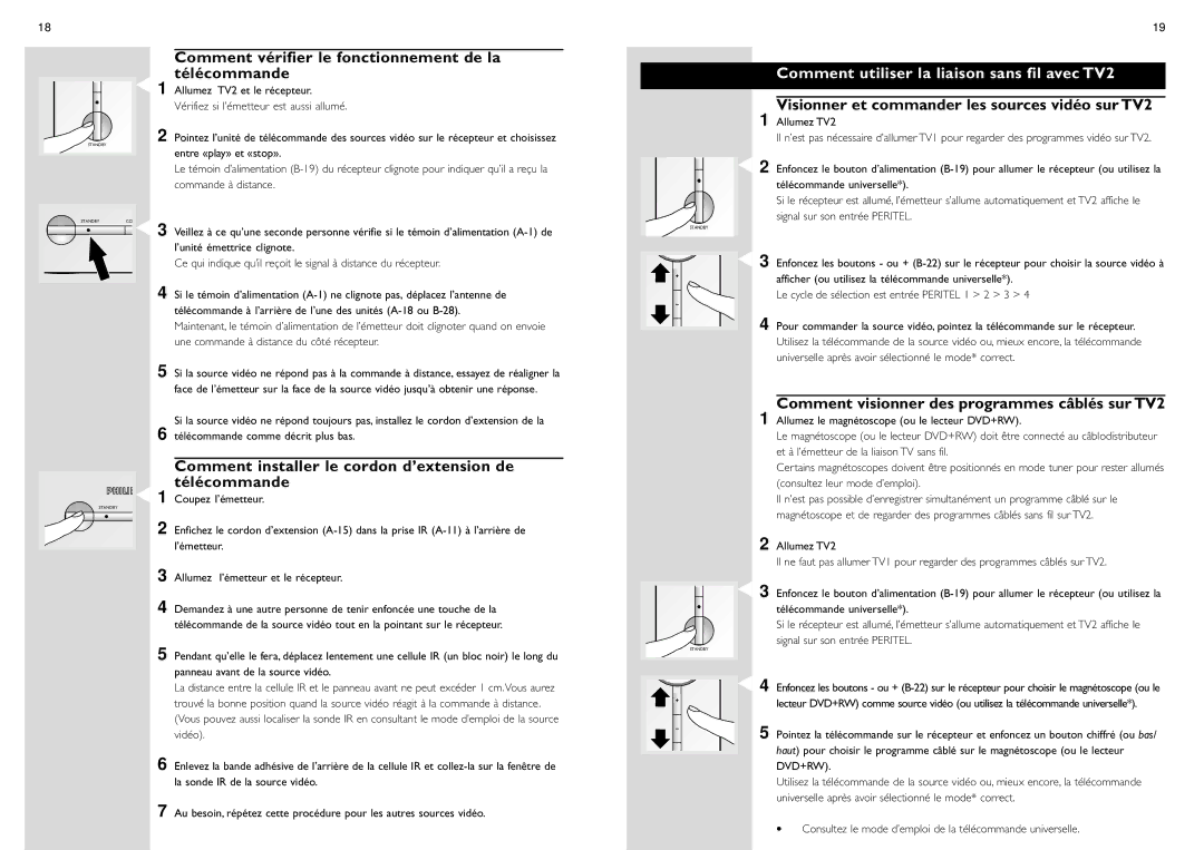 Philips SBC VL1400 Comment vérifier le fonctionnement de la télécommande, Comment utiliser la liaison sans fil avec TV2 