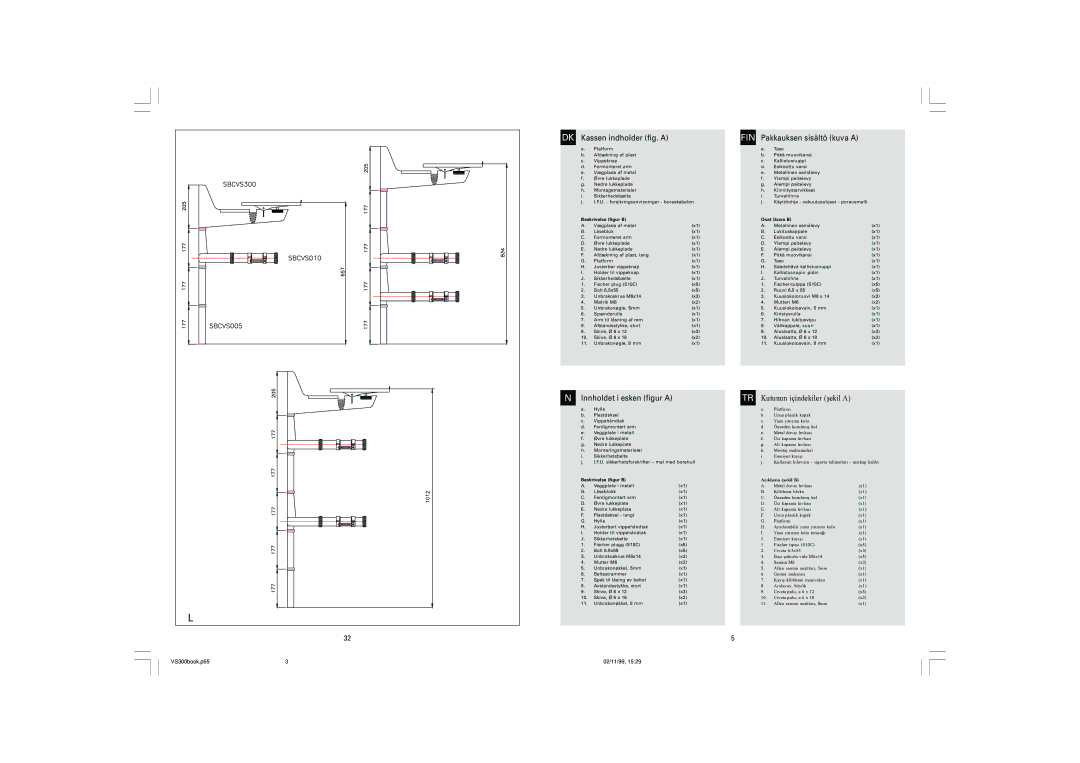 Philips SBC VS300 warranty Kassen indholder fig. a, Pakkauksen sisältö kuva a, Beskrivelse figur B Osat kuva B 