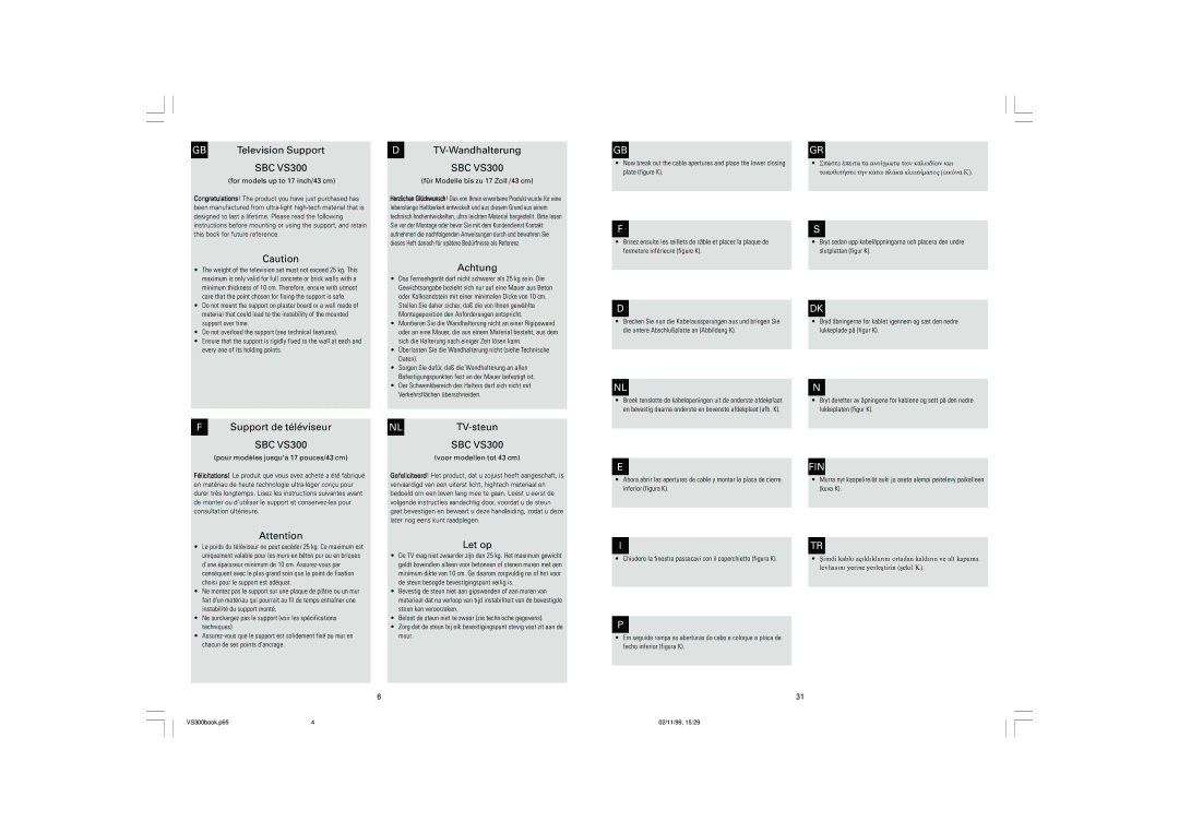 Philips SBC VS300 warranty TV-Wandhalterung, Achtung, Support de téléviseur, NLTV-steun, Let op 