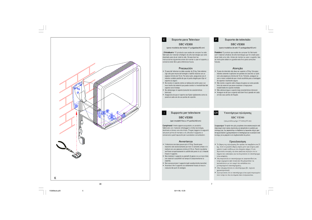 Philips SBC VS300 Soporte para Televisor, Precaución, Suporte de televisão, Atenção, Supporto per televisore, Avvertenza 