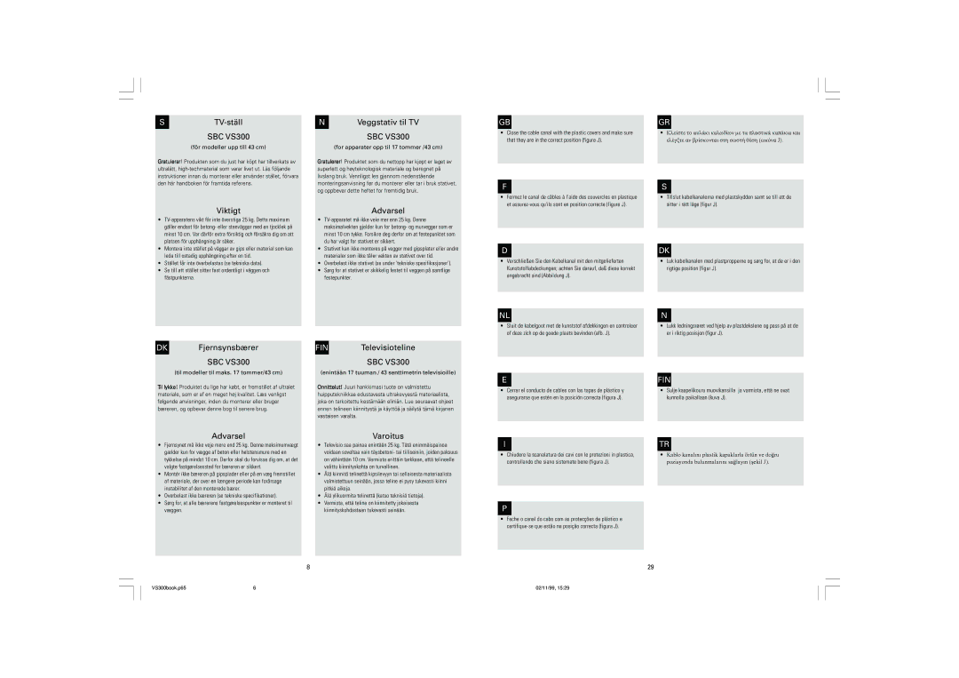 Philips SBC VS300 warranty TV-ställ, Viktigt, Veggstativ til TV, DK Fjernsynsbærer, FIN Televisioteline, Varoitus 