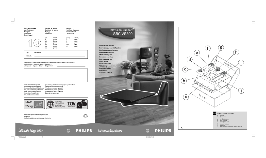 Philips SBC VS300 warranty GB Box contents figure A, Assurance, Internationale, lmtb TPAD, f g eh, d c b a, 25 kg 