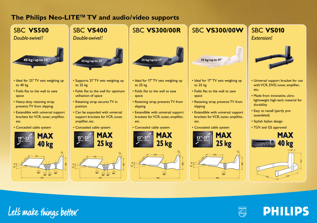 Philips manual SBC VS500 SBC VS400 SBC VS300/00R SBC VS300/00W, SBC VS010, Maxmax, Double-swivel, Extension 