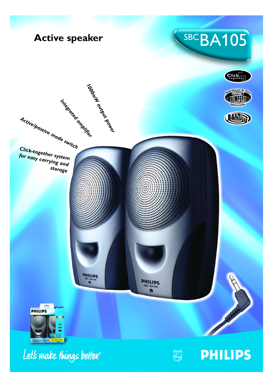 Philips SBCBA105 manual Active speaker, Integrated, 1000mW, output, switch, power, Click, carrying, storage, amplifier 