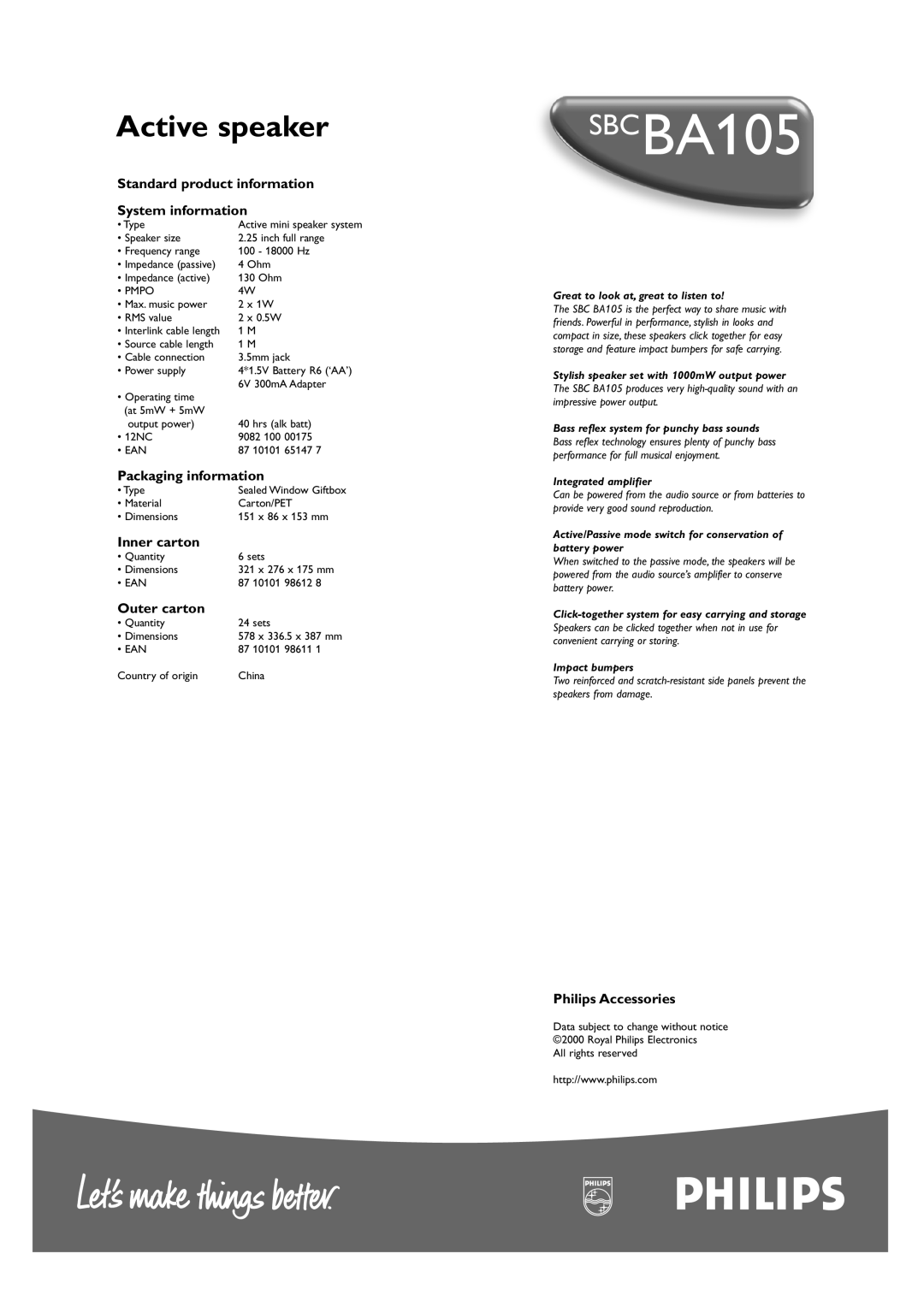 Philips SBCBA105 Active speaker, Standard product information System information, Packaging information, Inner carton 