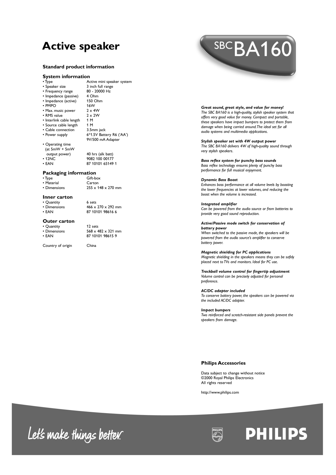 Philips SBCBA160 Active speaker, Standard product information System information, Packaging information, Inner carton 