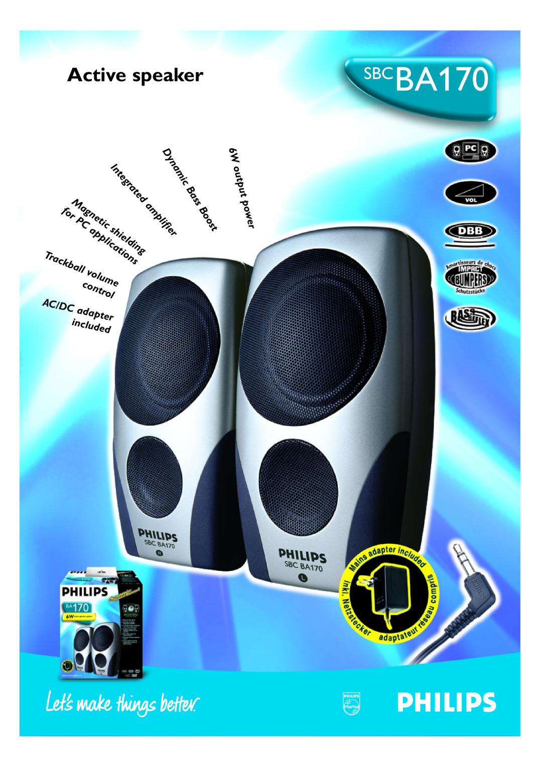 Philips SBCBA170 manual Active speaker, Dynamic, Bass, 6W output power, control, Boost, Ac/Dc, adapter, Integrated, volume 