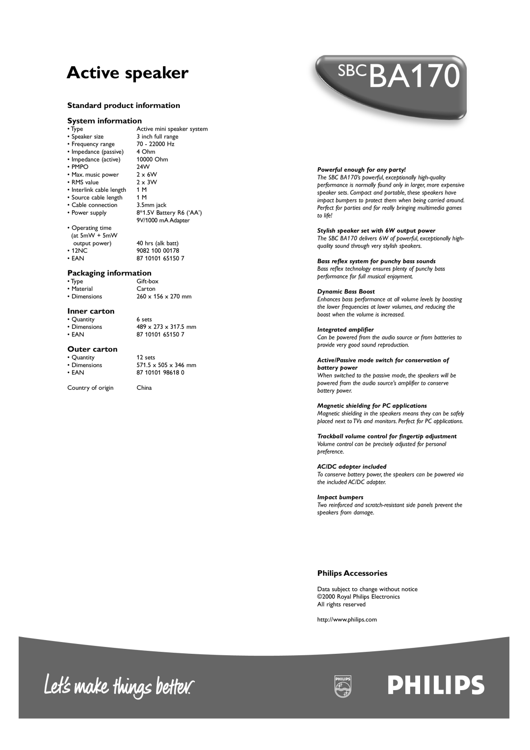 Philips SBCBA170 Active speaker, Standard product information System information, Packaging information, Inner carton 