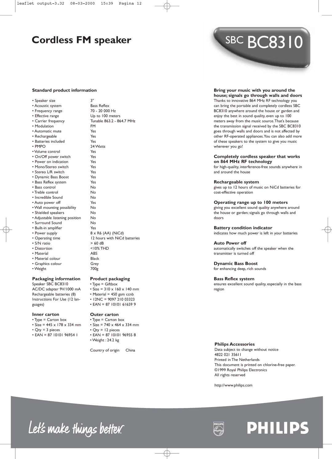 Philips SBCBC8310 manual Standard product information, Packaging information Product packaging, Inner carton Outer carton 