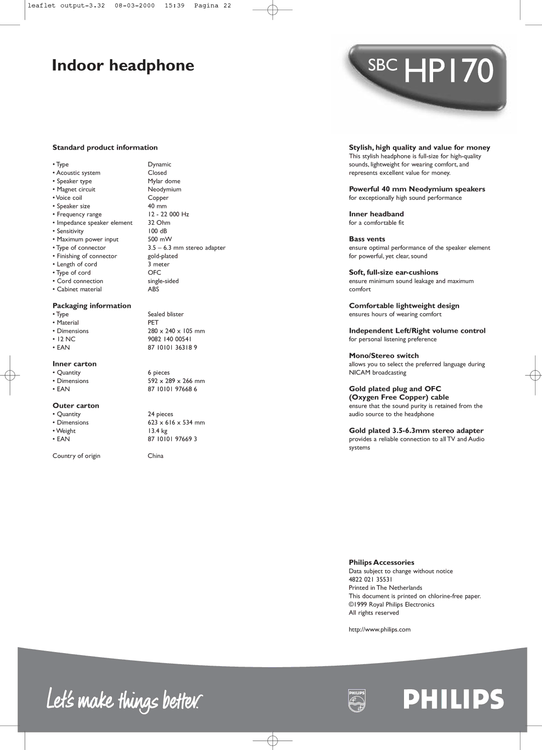 Philips SBCH P170 manual Standard product information, Packaging information, Inner carton, Outer carton, Inner headband 