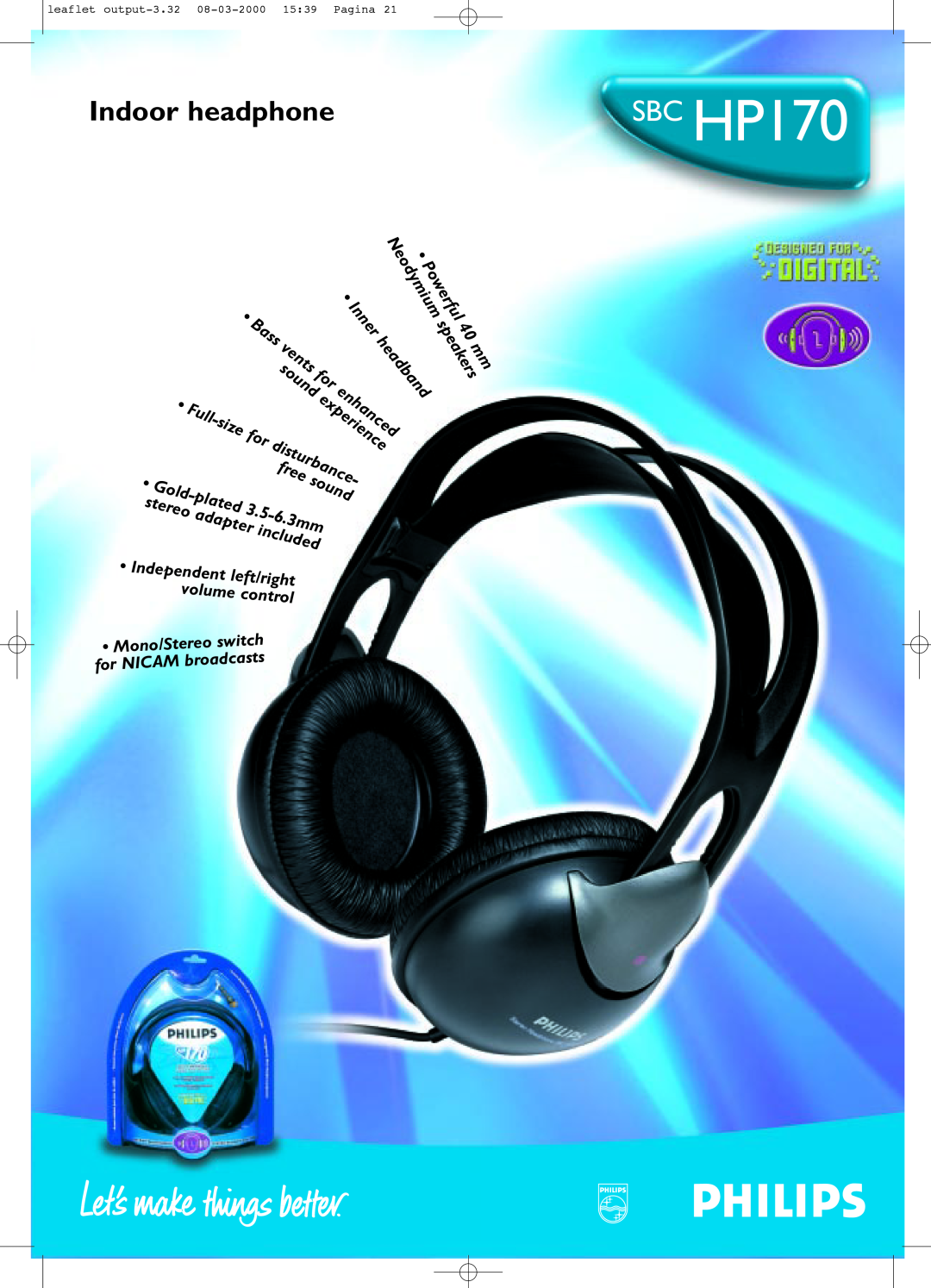 Philips SBCH P170 manual SBC HP170, Indoor headphone, Inner, Full, sound, vents, speakers, headband, Neodymium, 5-6.3mm 