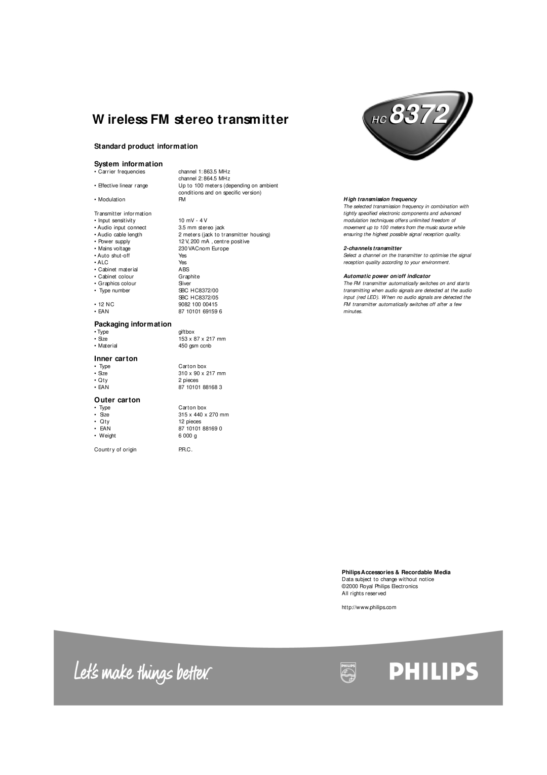 Philips SBCHC8372 manual Wireless FM stereo transmitter, Standard product information System information, Inner carton 