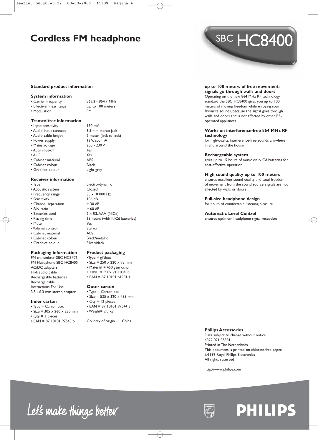 Philips SBCHC8400 manual Standard product information System information, Transmitter information, Receiver information 