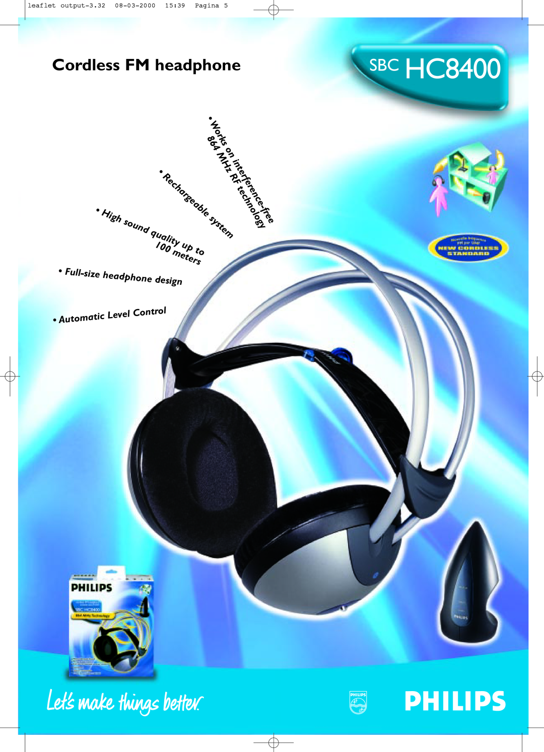Philips SBCHC8400 manual SBC HC8400, Cordless FM headphone, Works, system, free, Full-sizeheadphone design, interference 