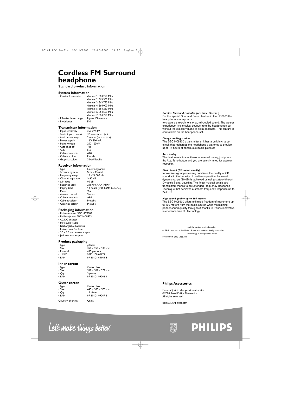 Philips SBCHC8900 manual Standard product information System information, Transmitter information, Receiver information 