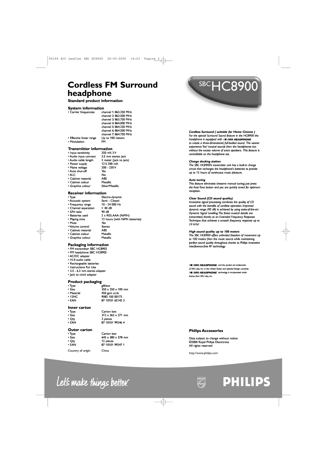 Philips SBCHC8900 Cordless FM Surround headphone, Standard product information System information, Transmitter information 