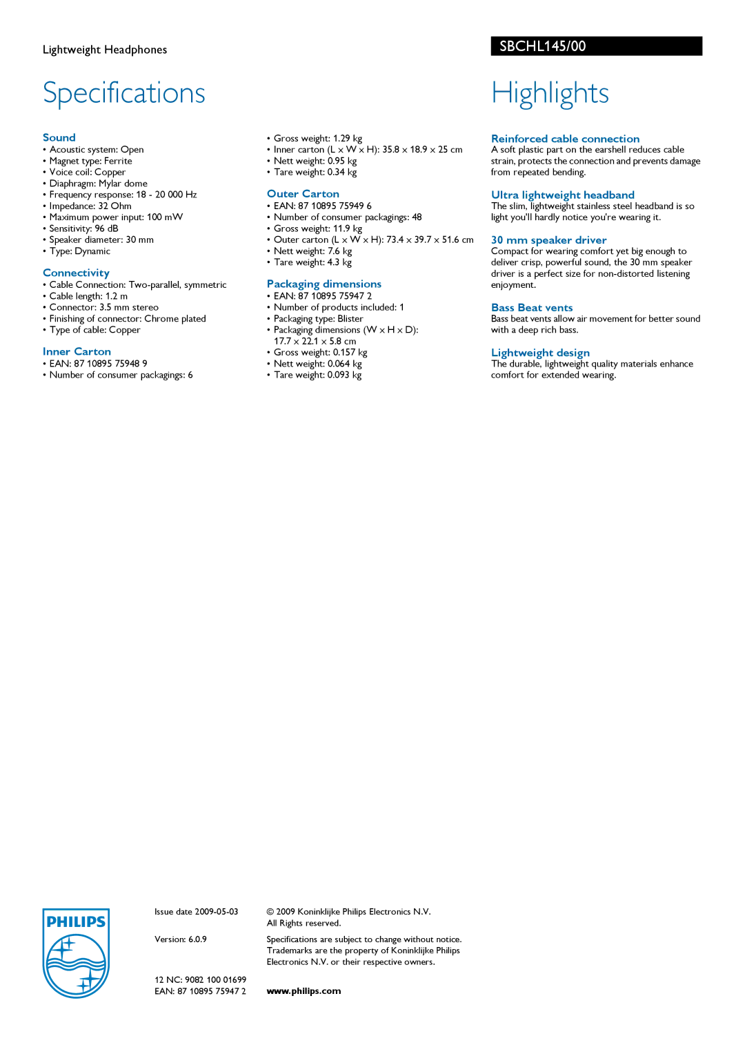 Philips SBCHL145 manual Sound, Outer Carton, Connectivity, Packaging dimensions, Inner Carton, Reinforced cable connection 