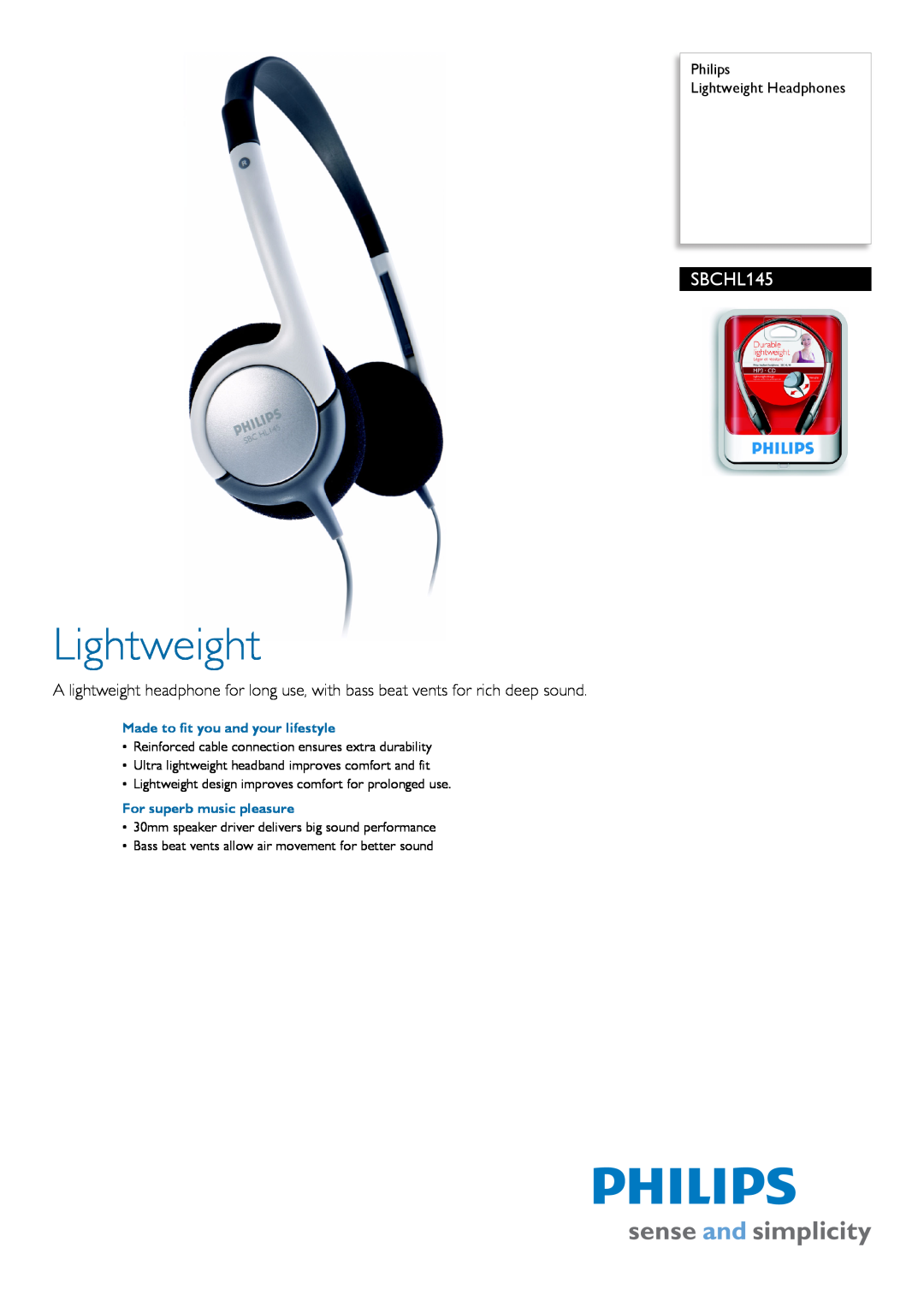 Philips SBCHL145 manual Philips Lightweight Headphones 