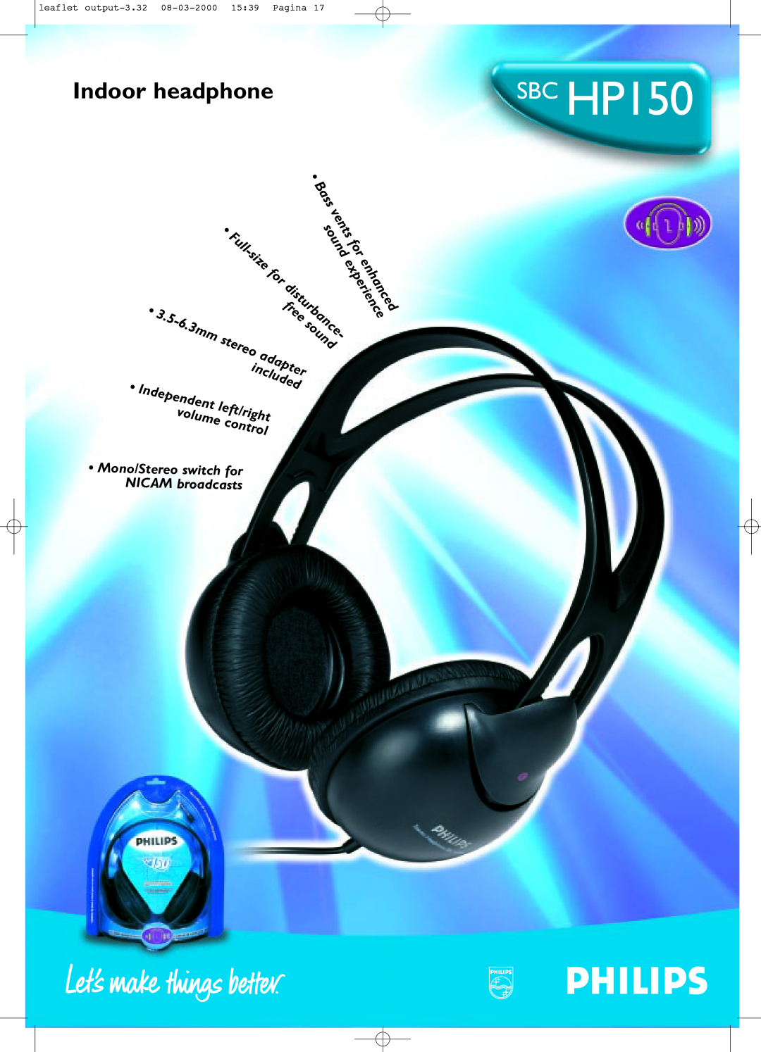 Philips SBCHP150 manual SBC HP150, Indoor headphone, size, sound, stereo, Full, experience, control, Bass, vents, enhanced 