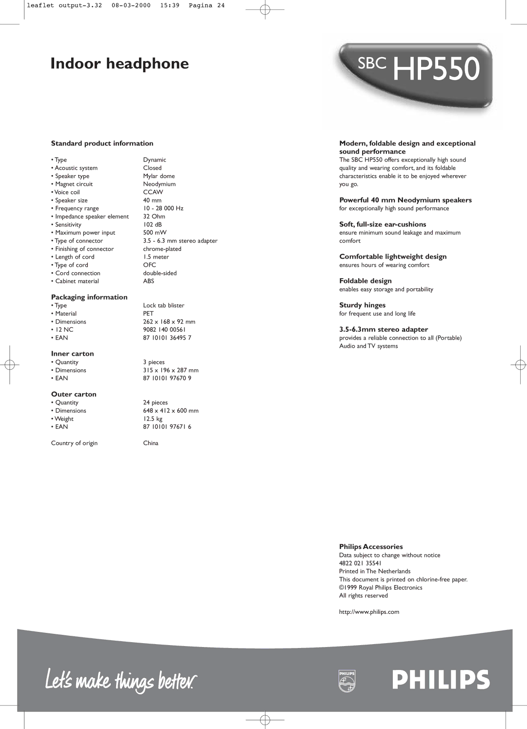 Philips SBCHP550 manual Standard product information, Sound performance, Powerful 40 mm Neodymium speakers, Foldable design 