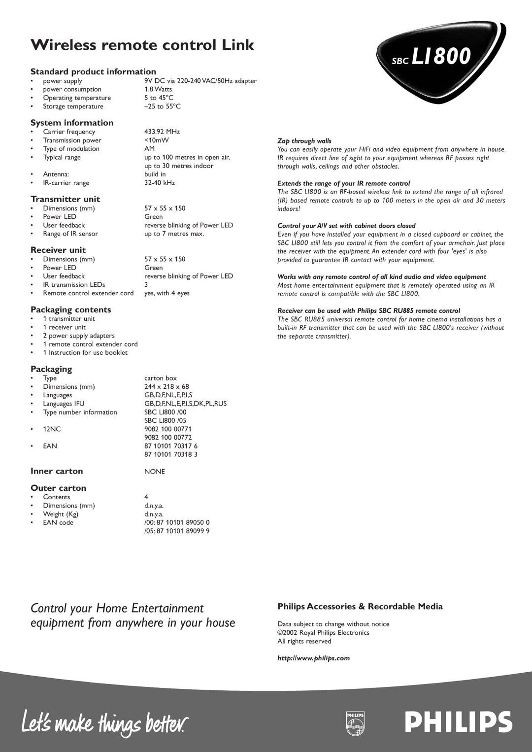 Philips SBCLI800 Standard product information, System information, Transmitter unit, Receiver unit, Packaging contents 