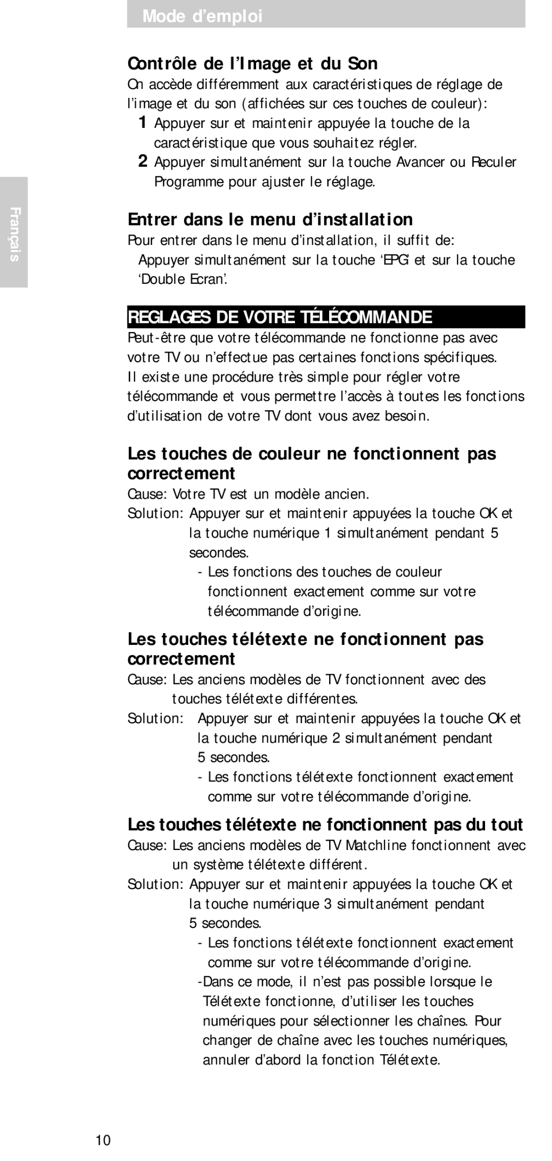 Philips SBCRP520/00 Contrôle de l’Image et du Son, Entrer dans le menu d’installation, Reglages DE Votre Télécommande 