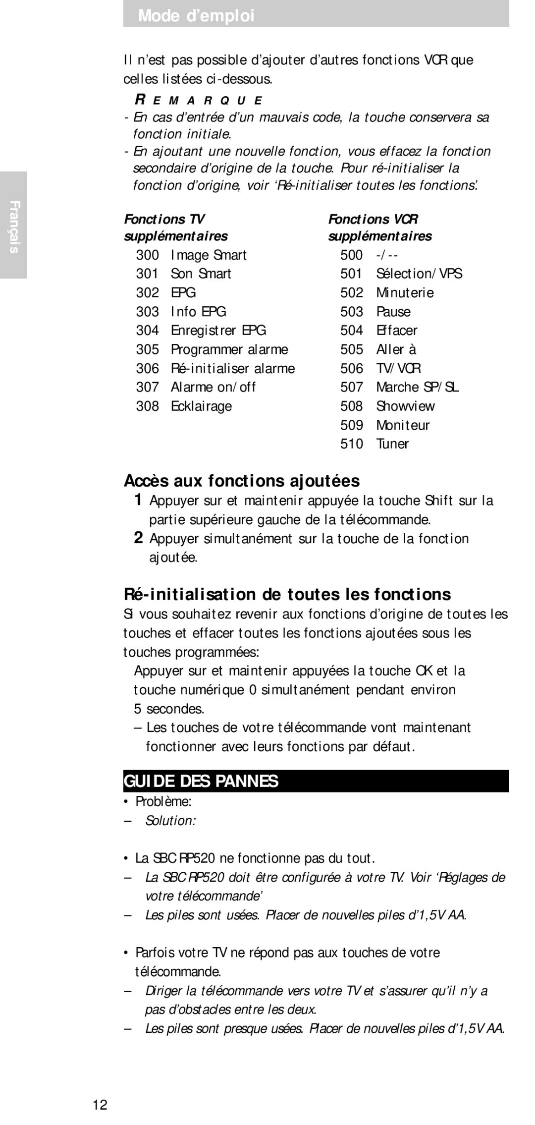 Philips SBCRP520/00 manual Accès aux fonctions ajoutées, Ré-initialisation de toutes les fonctions, Guide DES Pannes 