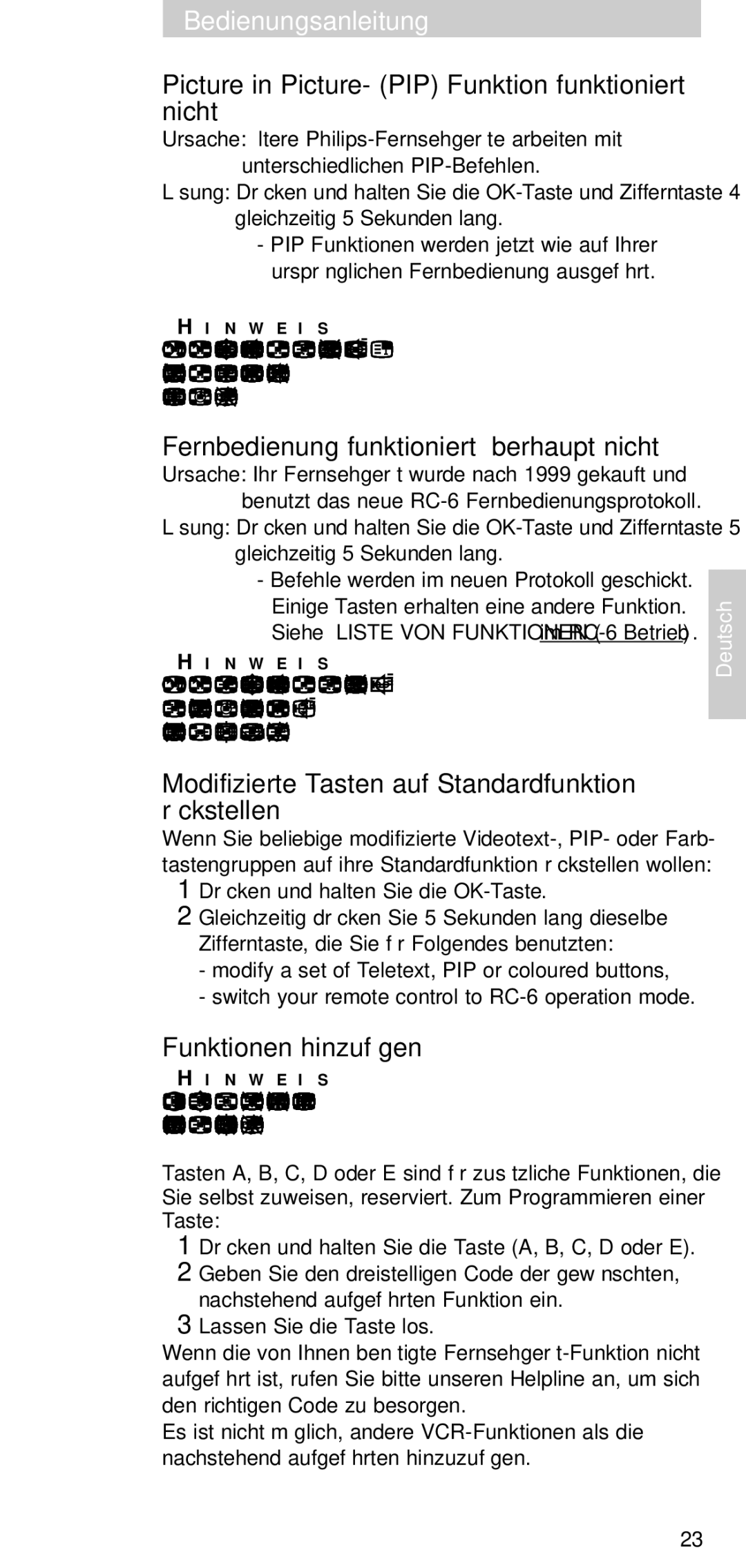 Philips SBCRP520/00 manual Picture in Picture- PIP Funktion funktioniert nicht, Fernbedienung funktioniert überhaupt nicht 