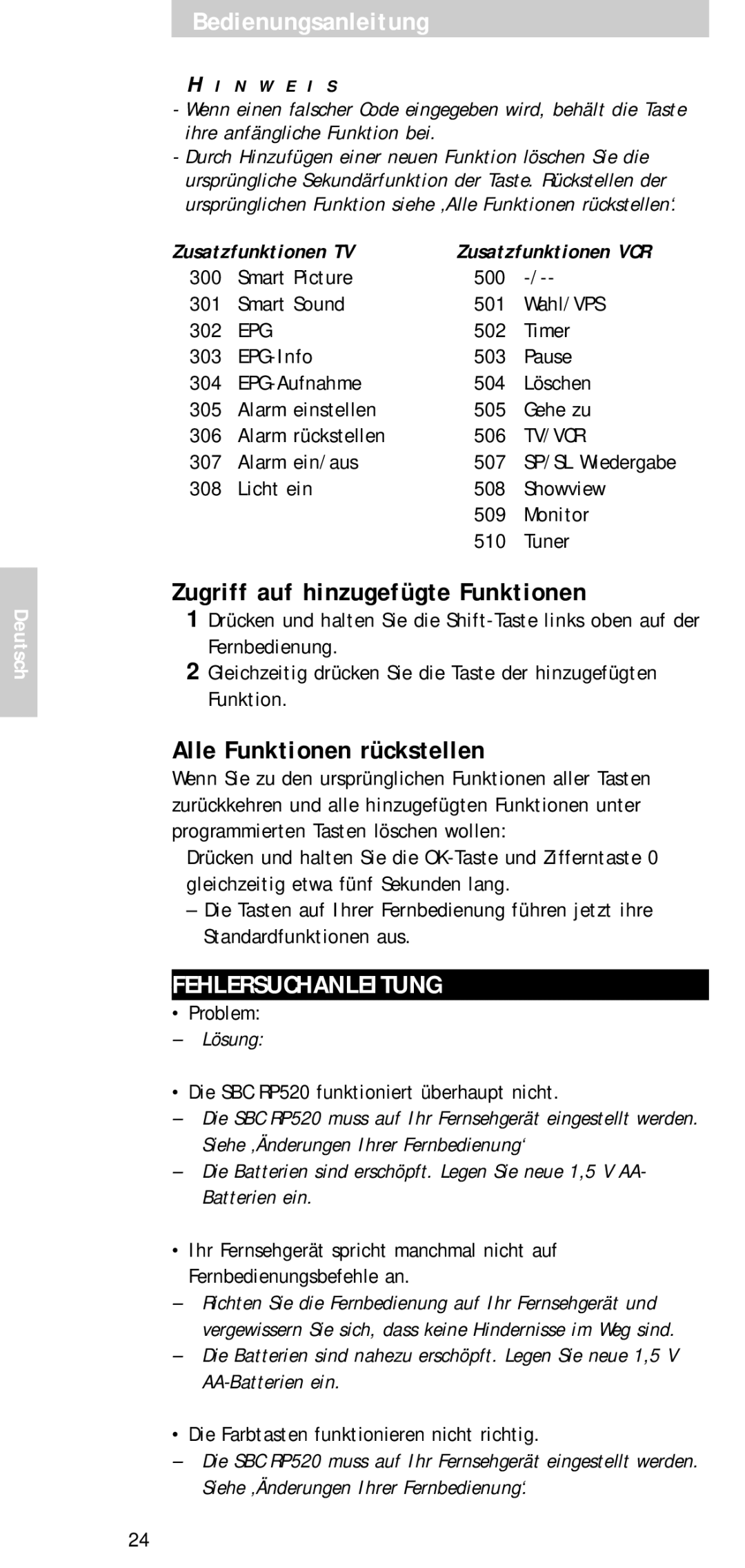 Philips SBCRP520/00 manual Zugriff auf hinzugefügte Funktionen, Alle Funktionen rückstellen, Fehlersuchanleitung, Lösung 