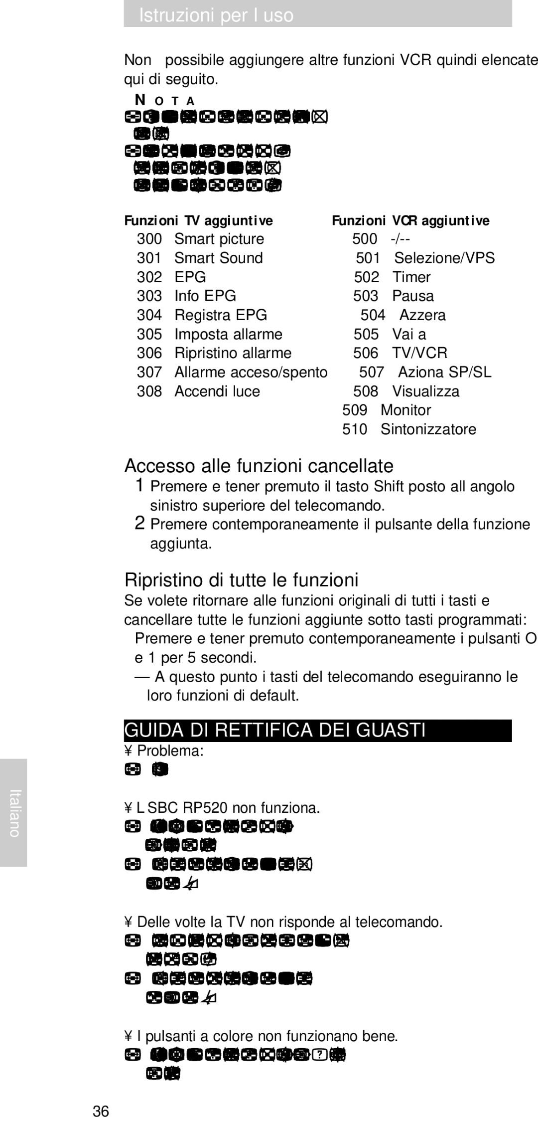 Philips SBCRP520/00 manual Accesso alle funzioni cancellate, Ripristino di tutte le funzioni, Guida DI Rettifica DEI Guasti 