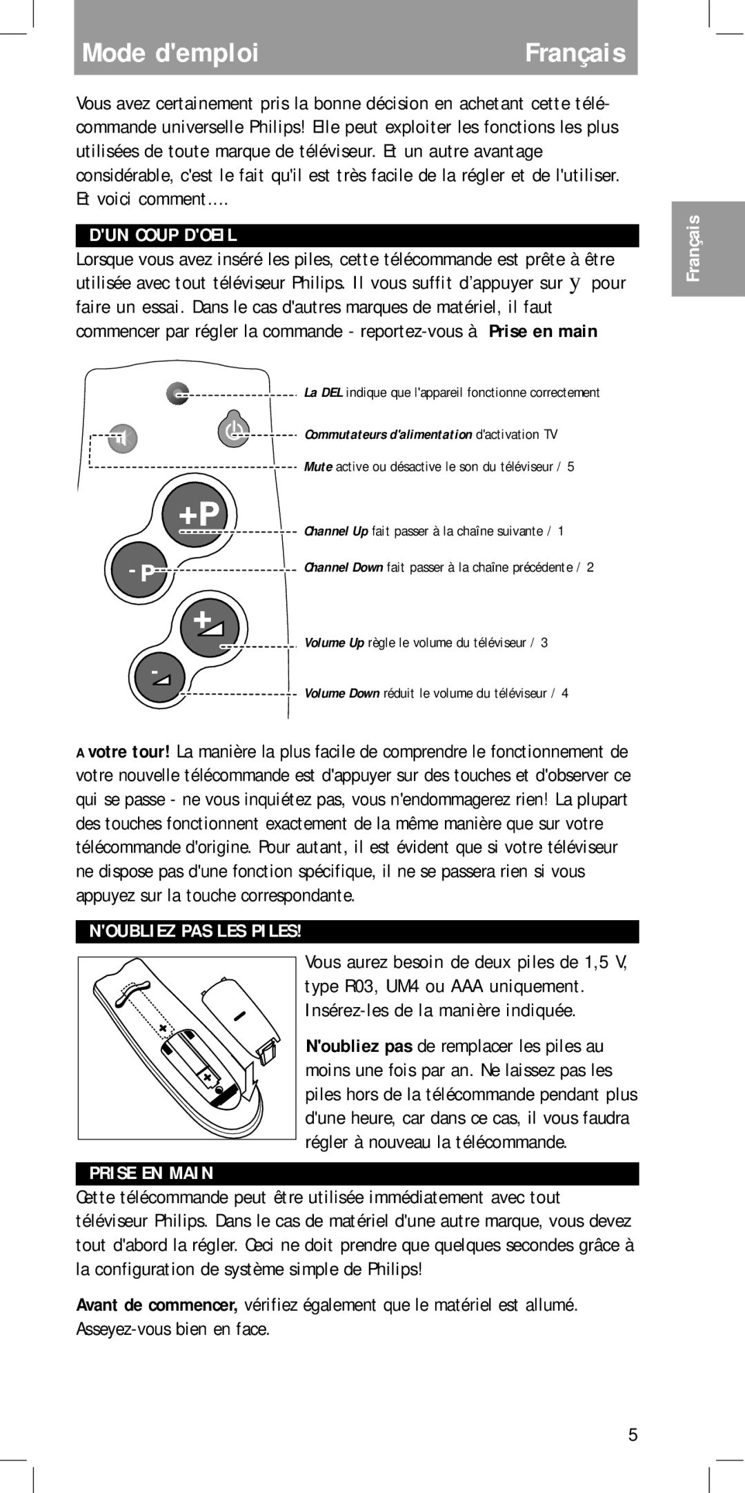 Philips SBCRU111 manual Mode demploiFrançais, DUN Coup Doeil, Noubliez PAS LES Piles, Prise EN Main 