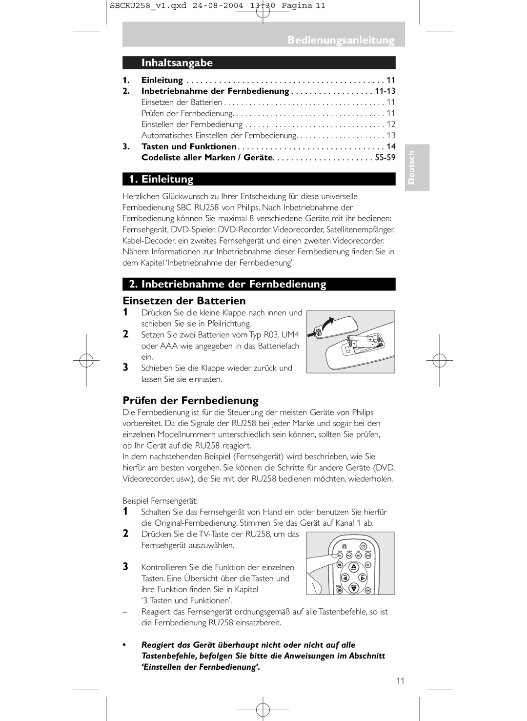 Philips SBCRU258 manual Inhaltsangabe, Einleitung, Inbetriebnahme der Fernbedienung, Einsetzen der Batterien 