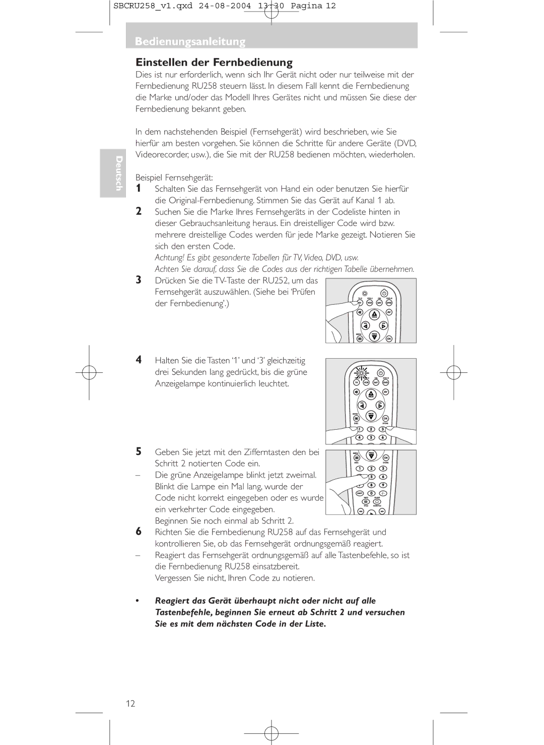 Philips SBCRU258 manual Bedienungsanleitung, Einstellen der Fernbedienung 