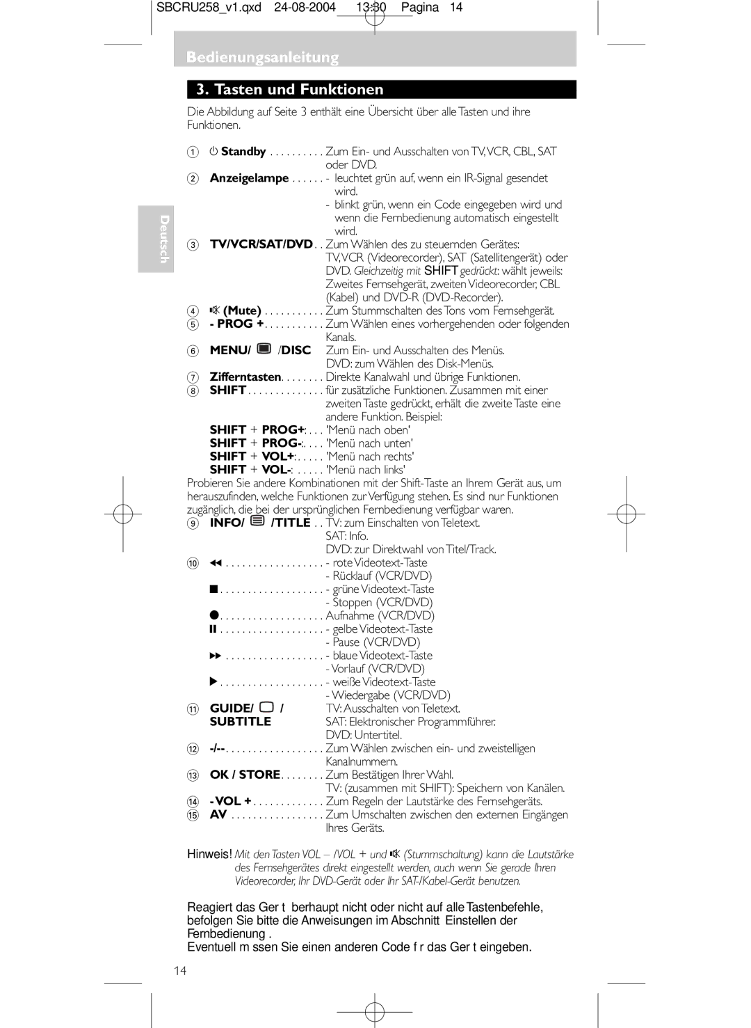 Philips SBCRU258 manual Bedienungsanleitung Tasten und Funktionen 