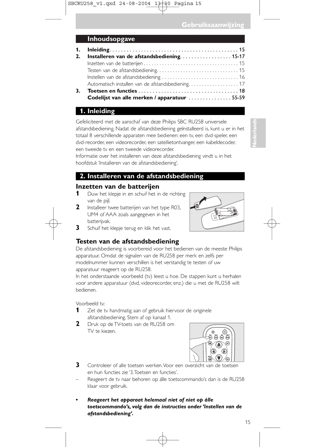 Philips SBCRU258 manual Gebruiksaanwijzing Inhoudsopgave, Inleiding, Installeren van de afstandsbediening 