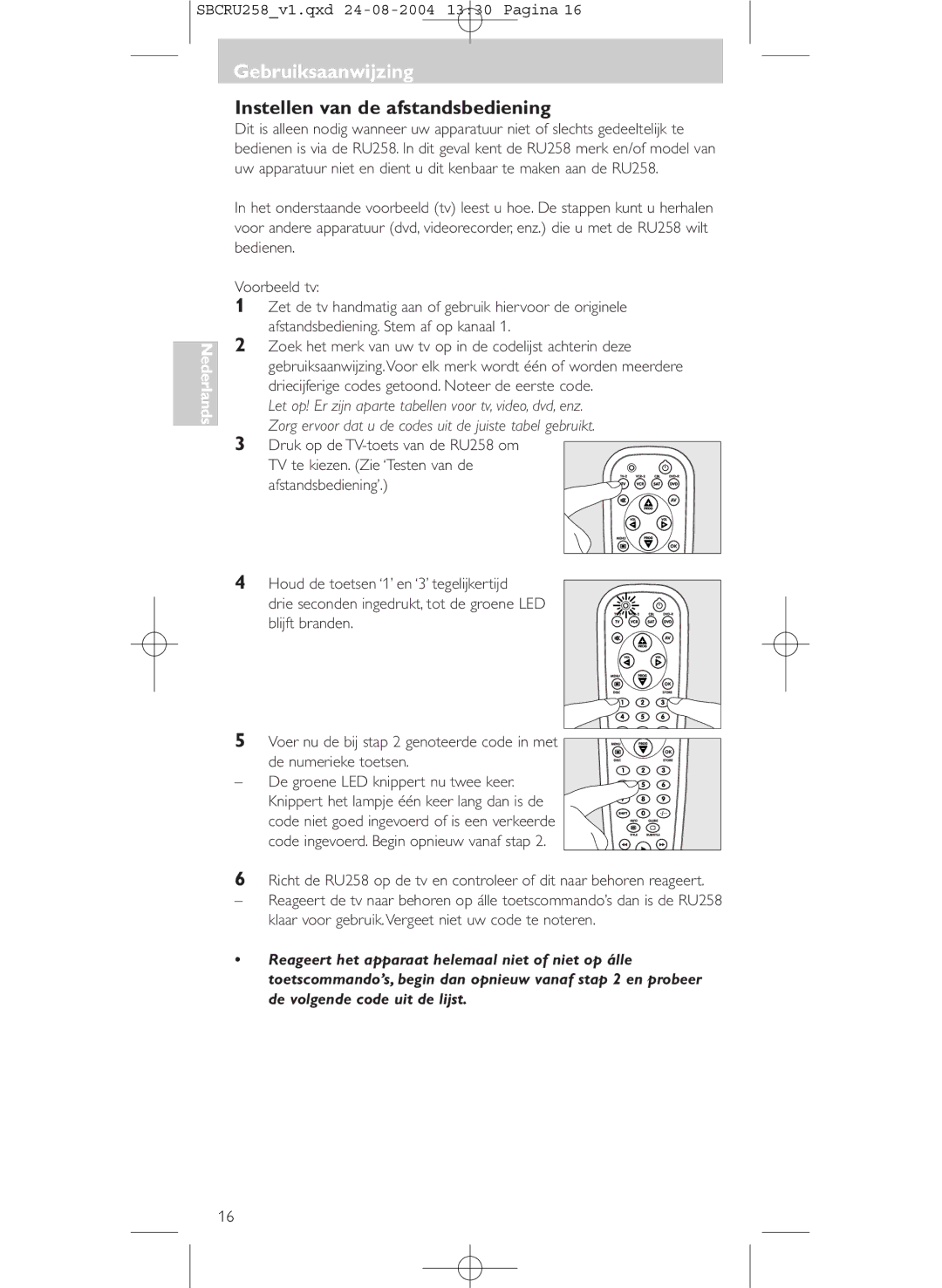 Philips SBCRU258 manual Gebruiksaanwijzing, Instellen van de afstandsbediening 