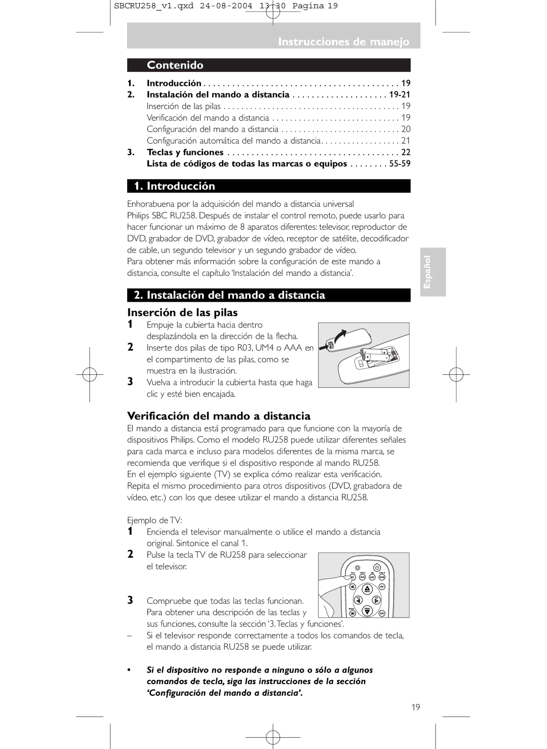 Philips SBCRU258 manual Instrucciones de manejo Contenido, Introducción, Instalación del mando a distancia 