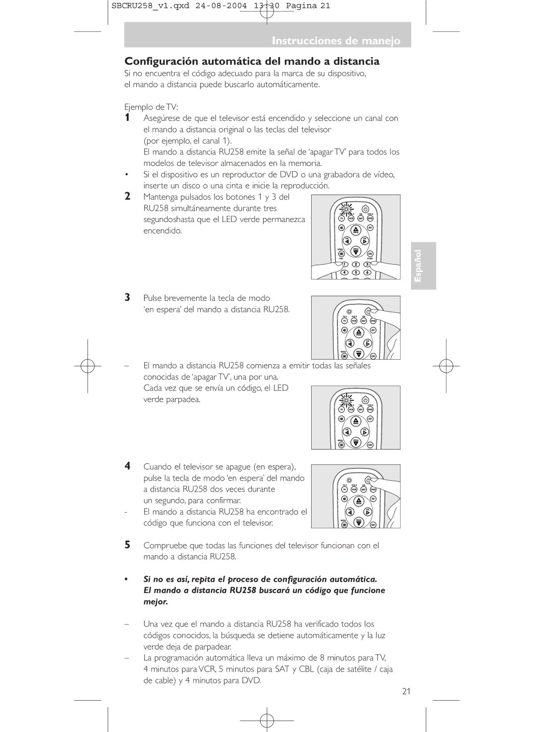 Philips SBCRU258 manual Configuración automática del mando a distancia 