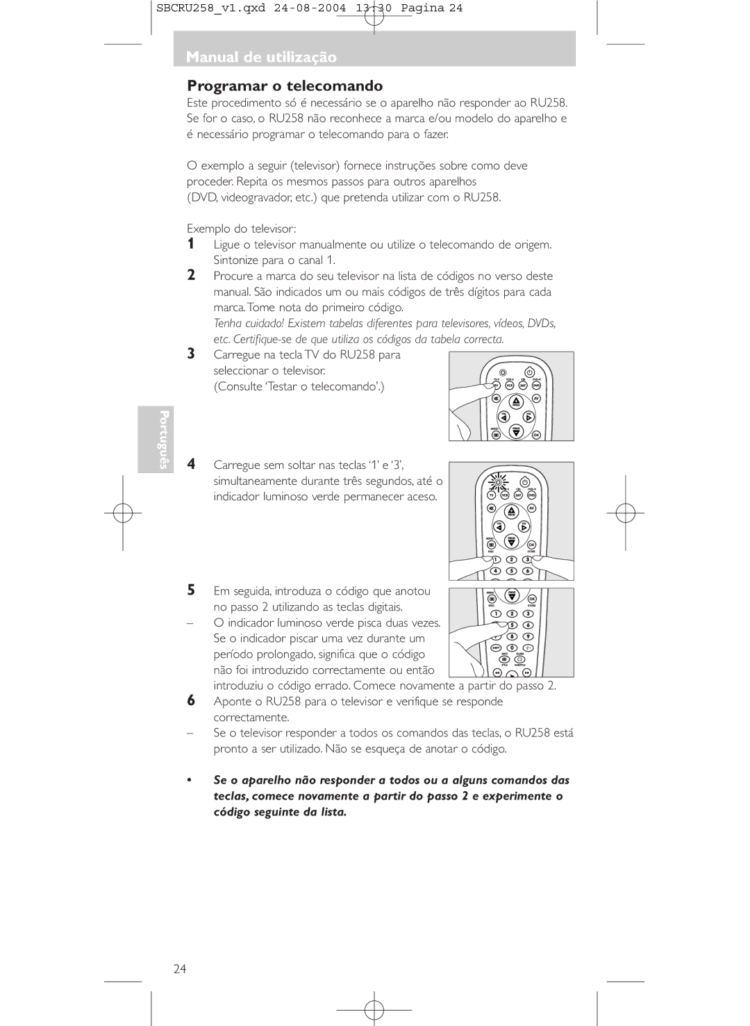 Philips SBCRU258 manual Manual de utilização, Programar o telecomando 